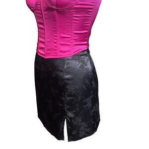 Floral Damask Satin Mini Skirt High Waisted Side Slit Black Small Vintage